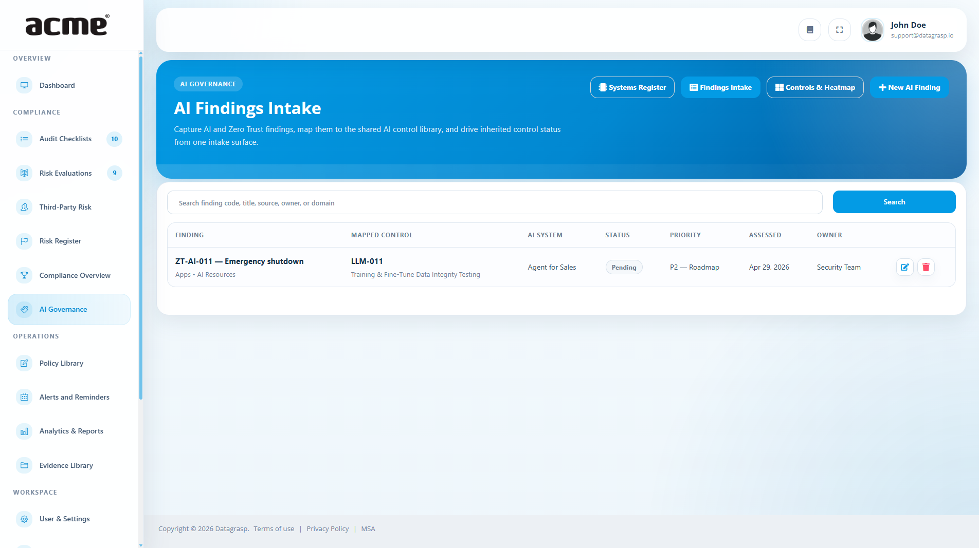 Datagrasp AI Governance register placeholder