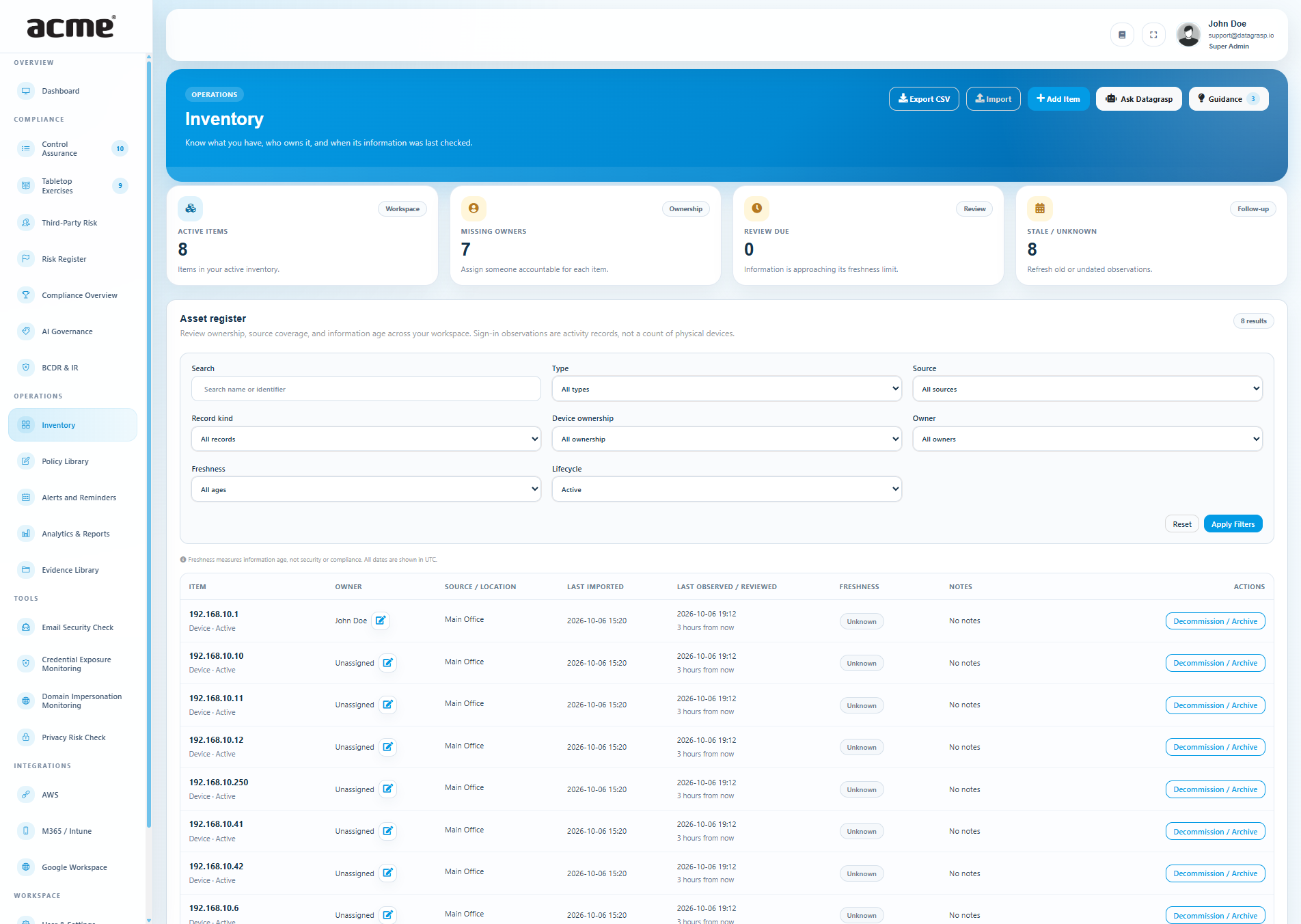 Datagrasp Inventory showing summary cards, asset filters, owners, freshness, and decommission or archive actions.