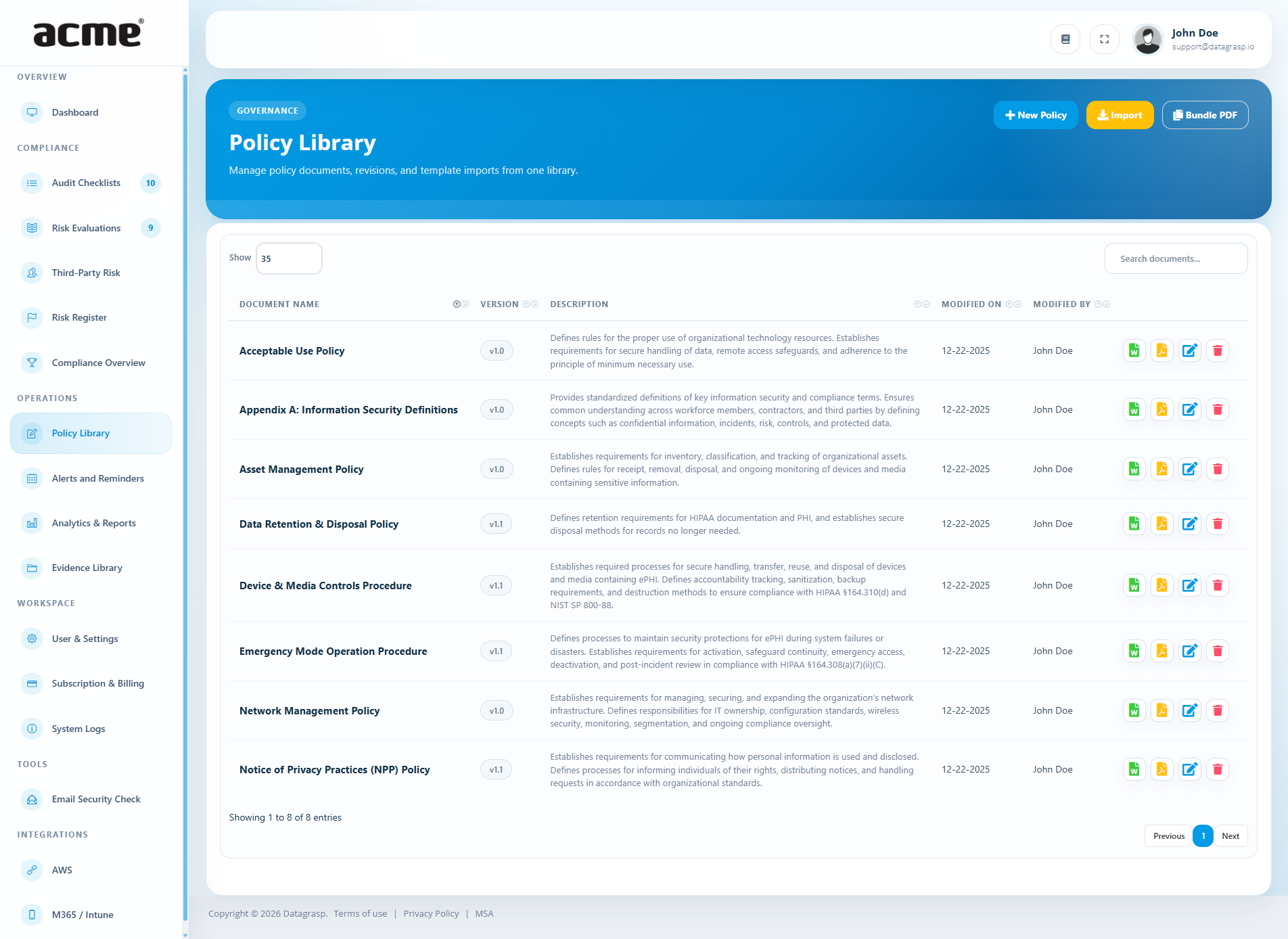 Datagrasp Policy Library