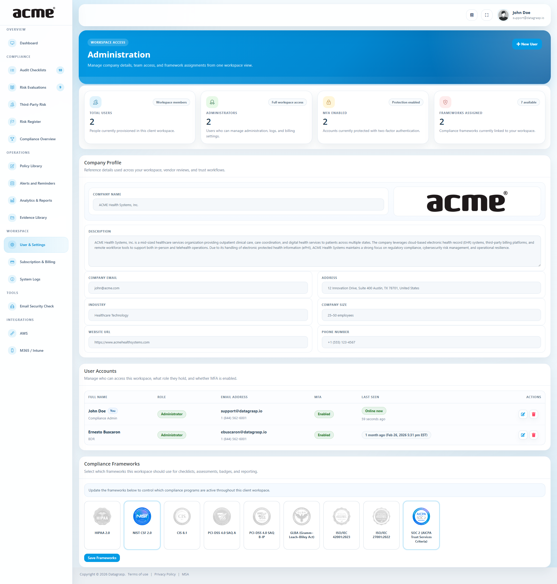 Datagrasp Users & Settings